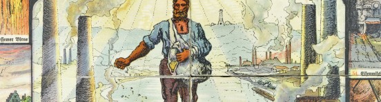 Spielbrett (Ausschnitt) des W�rfelspiels Unter rauchenden Schloten, Jos. Scholz Verlag, Mainz, Illustration: Fritz G�rtner, um 1918